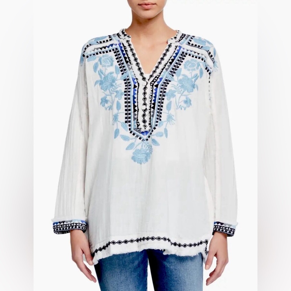 Johnny Was Vedera Cotton Gauze Embroidered Tunic White Blue Boho Womens Size S